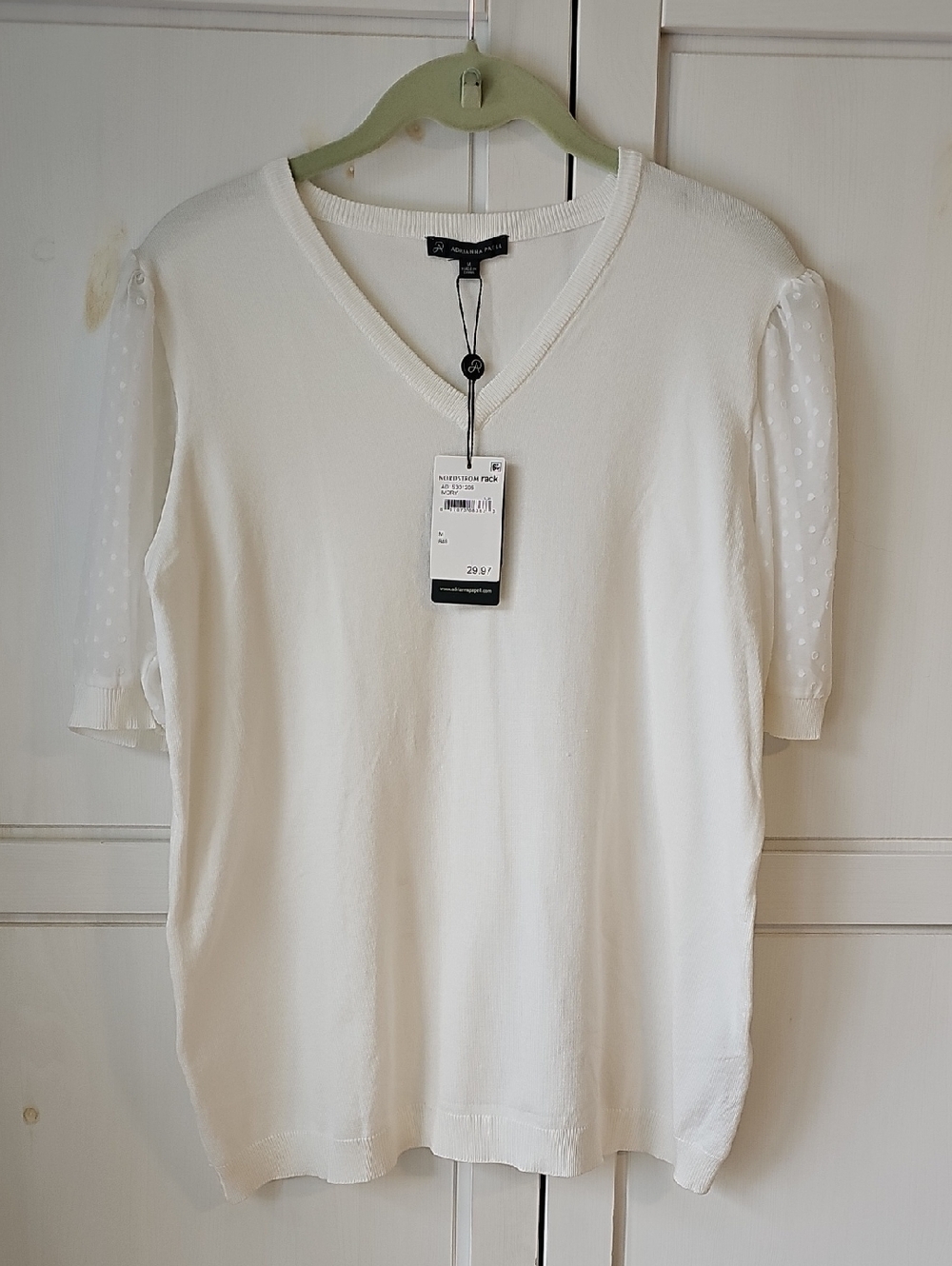 Adriana Papell White V-Neck Knit Top with Sheer Polka Dot Sleeves